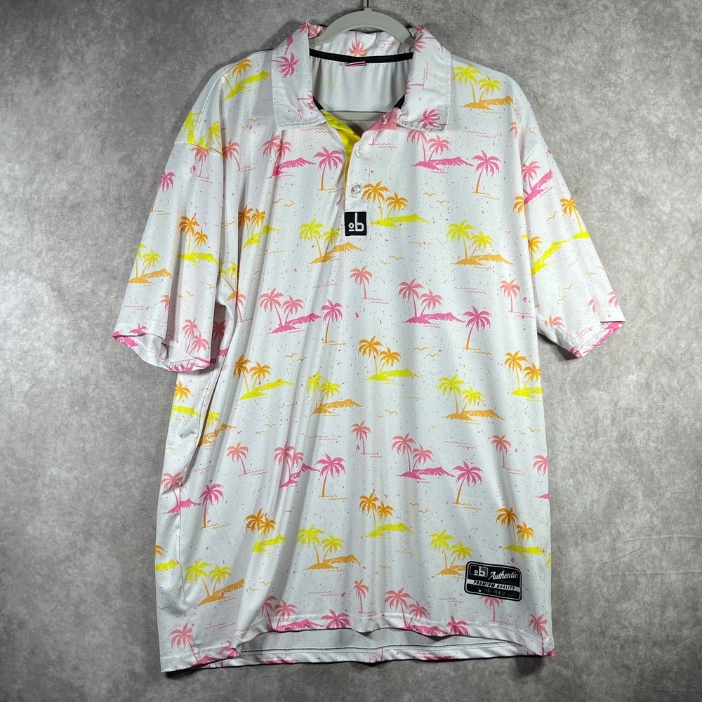 Ob Golf Polo Shirt Mens Size XL White Pink Palm Tree Print Short Sleeve Outdoor